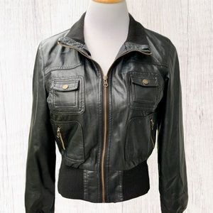 black faux leather bomber jacket medium ribbed cuffs collar waist long sleeves